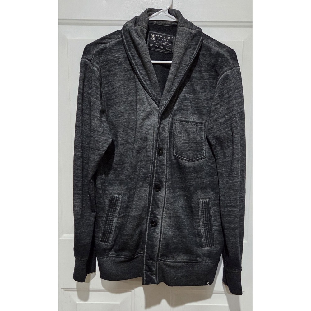 Marc Ecko Cut & Sew Cardigan Sweater Heather Black Men L- Shawl Collar Button Up